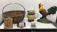 Rooster Cast Door Stop, Pottery Pitcher signed,