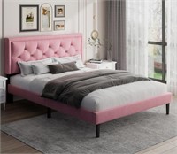 Sismplly Queen Size Bed Frame with Velvet Button T