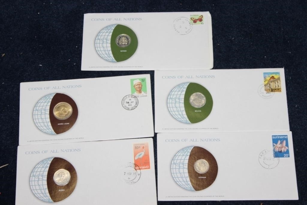Coins of All Nations - Lot of 5 Coins with Stamp