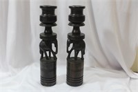 A Pair of Exotic Wood Elephant Candlesticks