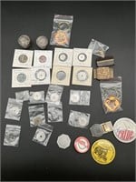 Lot of tax tokens, money clips, etc