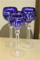 Set of 3 Cobalt Blue Cut Glass Goblets
