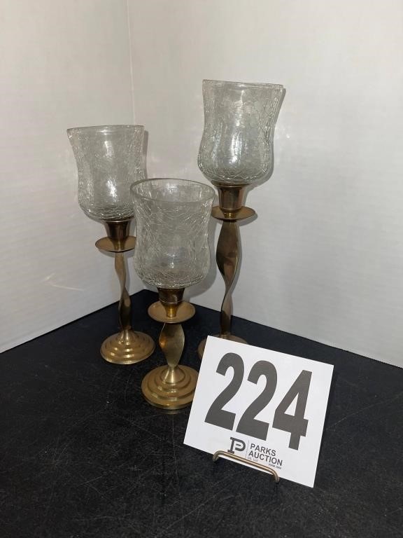 Set of (3) Brass & Glass Candle Holders(Bd1)