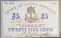 1863 South Carolina $0.25 Fractional Note