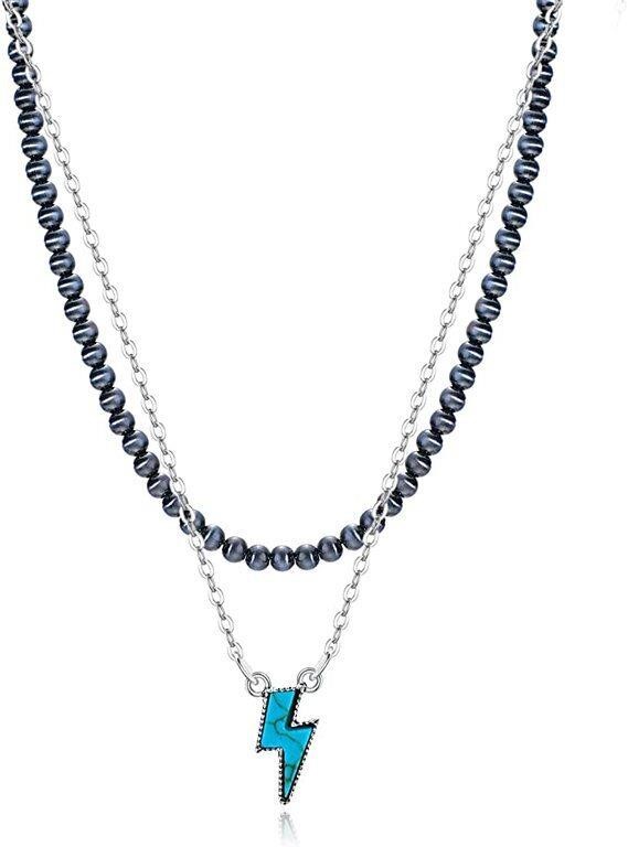 Turquoise Lightning Bolt & Pearls Layered Necklace