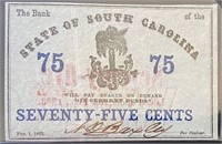1863 South Carolina $0.75 Fractional Note