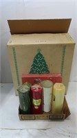 tree stand, gift tags, candles