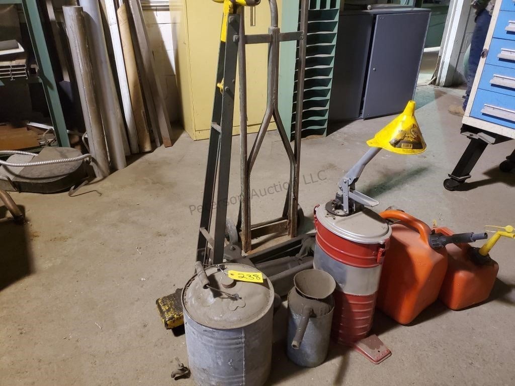 Gas Cans, Grease Pump and Tin Can w/Spout