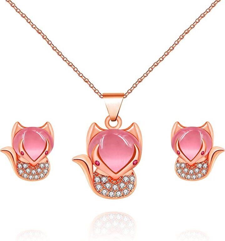Cute .78ct Topaz & Pink Jadeite Fox Jewelry Set