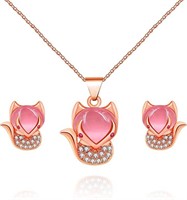 Cute .78ct Topaz & Pink Jadeite Fox Jewelry Set