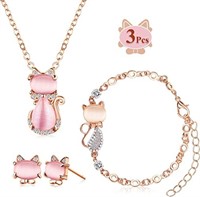 Cute .55ct White Topaz & Opal Cat Jewelry Set