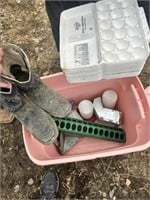 Everything you see;boots,chick water&feeder,carton