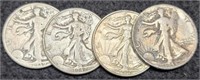 4 US Walking Liberty Silver Half Dollars