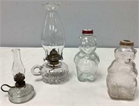 Two Glass Oil Lamps, Two Coin Banks
