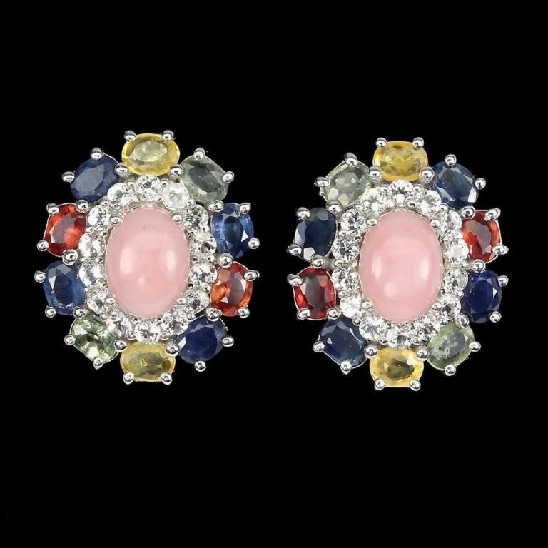 Natural Oval Pink Opal &  Sapphire Earrings