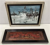 Signed Oil Panting, Asian Wood Carving