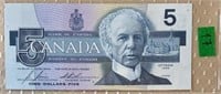 1986 Bank of Canada $5 Birds of Canada Bank Note