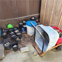 O401  Cart Wash tub and lots of plant pots