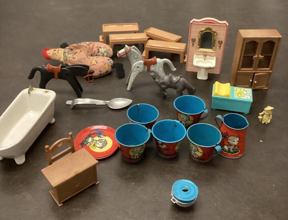 Tin Plate Tea Set and Doll House Furniture
