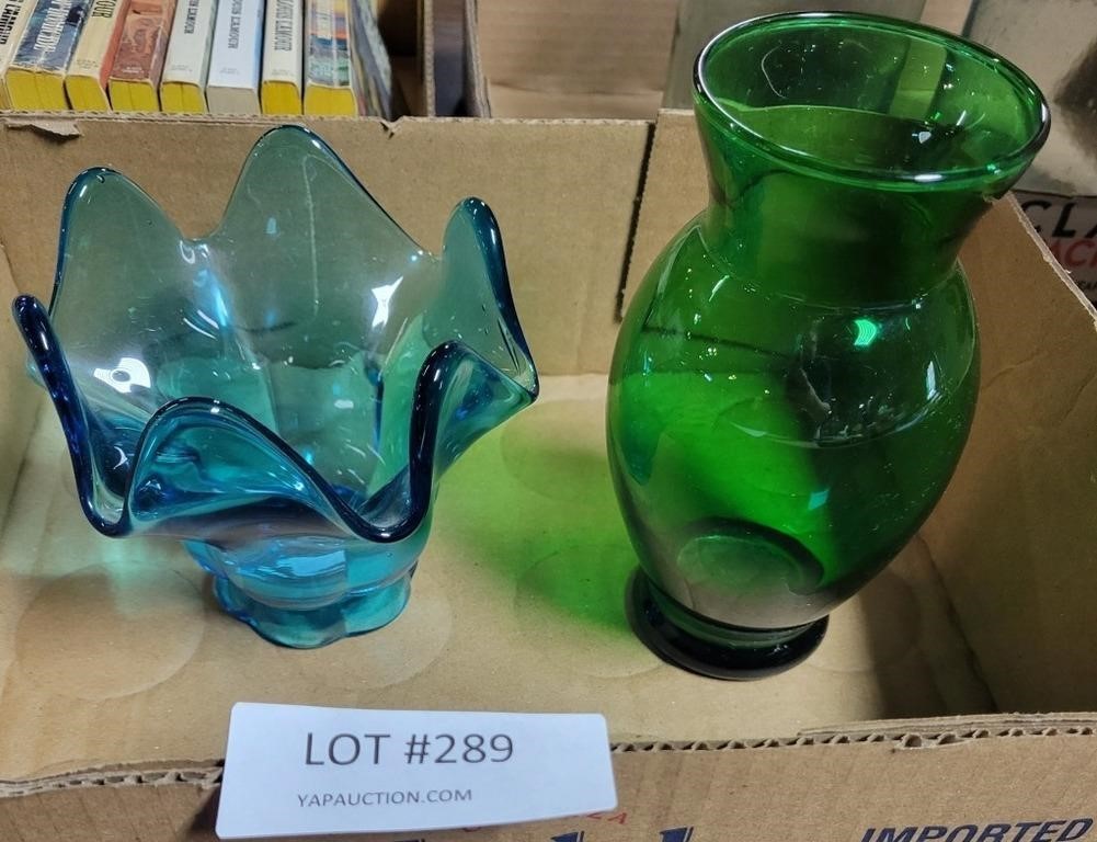 2 COLORED GLASS VASES