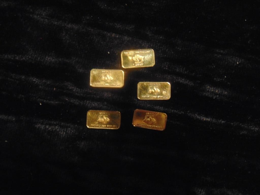 (5) 1 gram 100 Mills Gold Plated Mini Bars