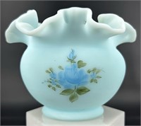 Fenton Blue Roses On Blue Satin Crimp Vase By L