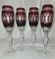 Lot of 4 Cranberry Cut to Clear Wine Flutes