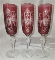 Lot of 3 red crystal champagne flutes