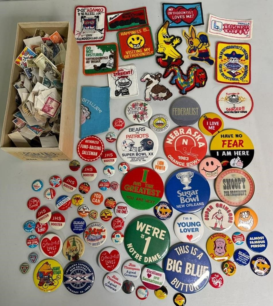 Lot of Stamps, Pins, and Badges