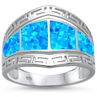 Silver Blue Opal Greek Key Created Design Ring