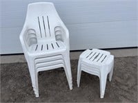 4 white plastic patio chairs & foot stools