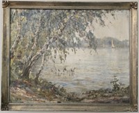 Antique Original oil on canvas painting of a lake