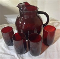 1950’s Ruby Red Pitcher with 4 glasses