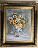 Framed oil on canvas pitcher flowers Nell Buck