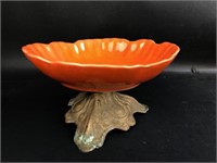 Vintage Brass Toned Footed Orange Ceramic Dish