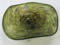 Signed Green & Purple Art Glass Footed Dish