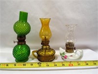(3) Little Oil Kerosene Lamps Green Glass Hobnail