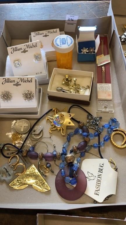 Box lot pierced and clip earrings, necklace,