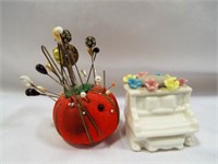 Small Porcelain Piano Pin Cushion w/Flowers