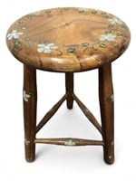 Vintage Wooden 3-Leg Stool w/Floral Painting