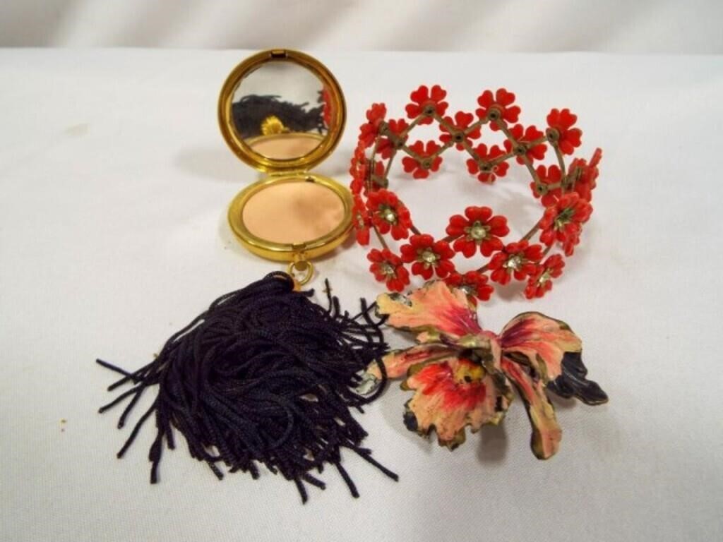 Vintage Bangle Bracelet Red Flowers - Este Lauder