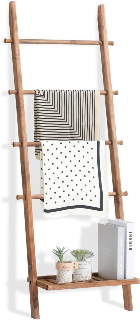 FUIN 5ft Wood Blanket Ladder with Bottom Shelf for