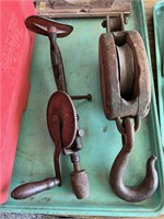 Vintage Cast Iron Hand-Crank Drill and Pulley