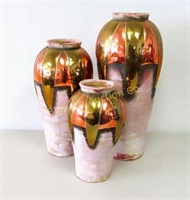 Pottery Vases w/Copper & Brass Accents 3 PC Lot