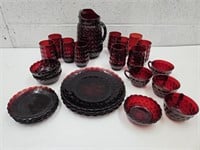 Ruby Red Pitcher, Glasses, Berry Bowls+