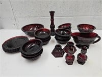 Ruby Red Glass Plates, Bowls, Candleholders+