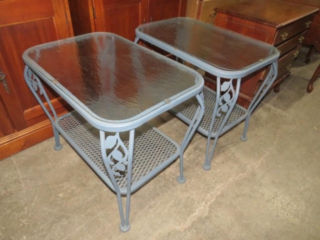 PAIR OF METAL GLASS TOP PATIO TABLES