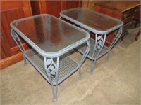 PAIR OF METAL GLASS TOP PATIO TABLES