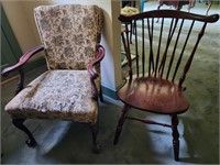 Braceback chair and upholstered arm chair.  Look
