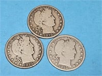 3 -1915  P D S  Silver Barber Half Dollar Coins